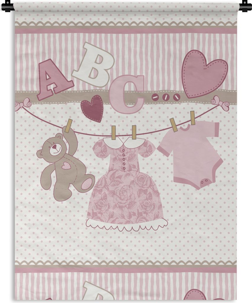 MuchoWow Wandteppich Wandbehang Babykleidung - Mädchen - Teddybär - Wäscheleine - Design 90x120 cm Tapisserie Dekoration Wandtuch - Wanddeko