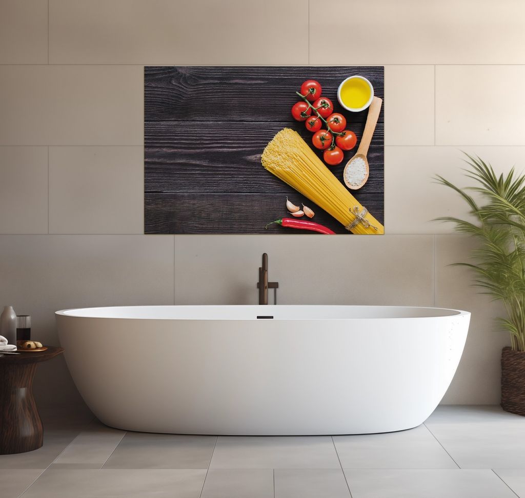 Wallario wasserfestes Poster selbstklebend 70 x 100 cm, Italienisches Menü mit Spaghetti, Tomaten, Salz und Chilischoten, Badezimmerposter Spritzs...