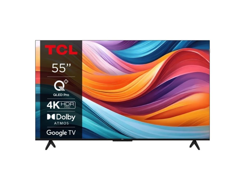 A TCL television displaying a colorful abstract image, with its brand name and specifications visible on the left side.