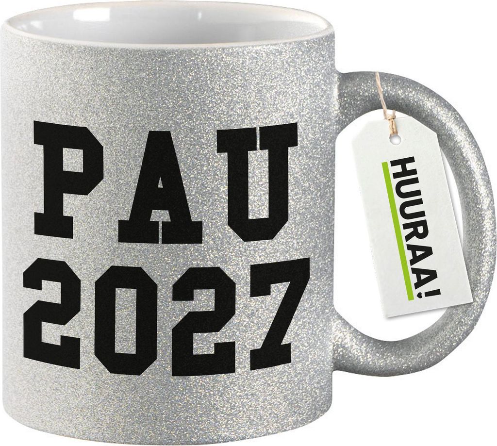 Huuraa Glitzertasse PAU 2027 Abschluss Spanien 330ml Silber Keramik Kaffeebecher Geschenkidee