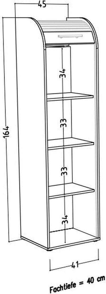 A technical drawing of a white roll-top office cabinet with dimensions indicated.