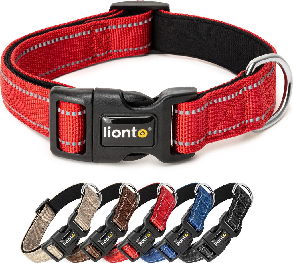 lionto Hundehalsband reflektierend, gepolstert & verstellbar aus Nylon und Neopren, (L) verstellbare Länge 40-60 cm, rot