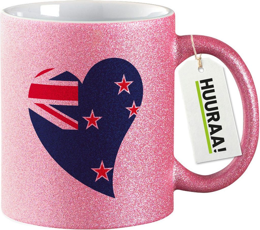 Huuraa Glitzertasse Neuseeland Flagge Herz 330ml Pink Keramik Kaffeebecher Geschenkidee