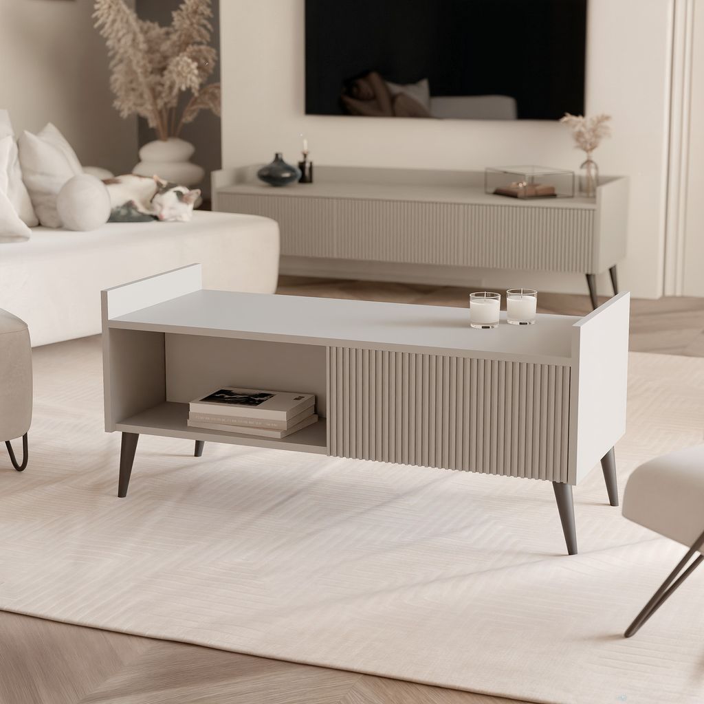 IDOHOME-Couchtisch SCALA mit Beinen Kaschmir Moderner Kaffeetisch Spanplatte 100x60 cm gerrifelten Fronten