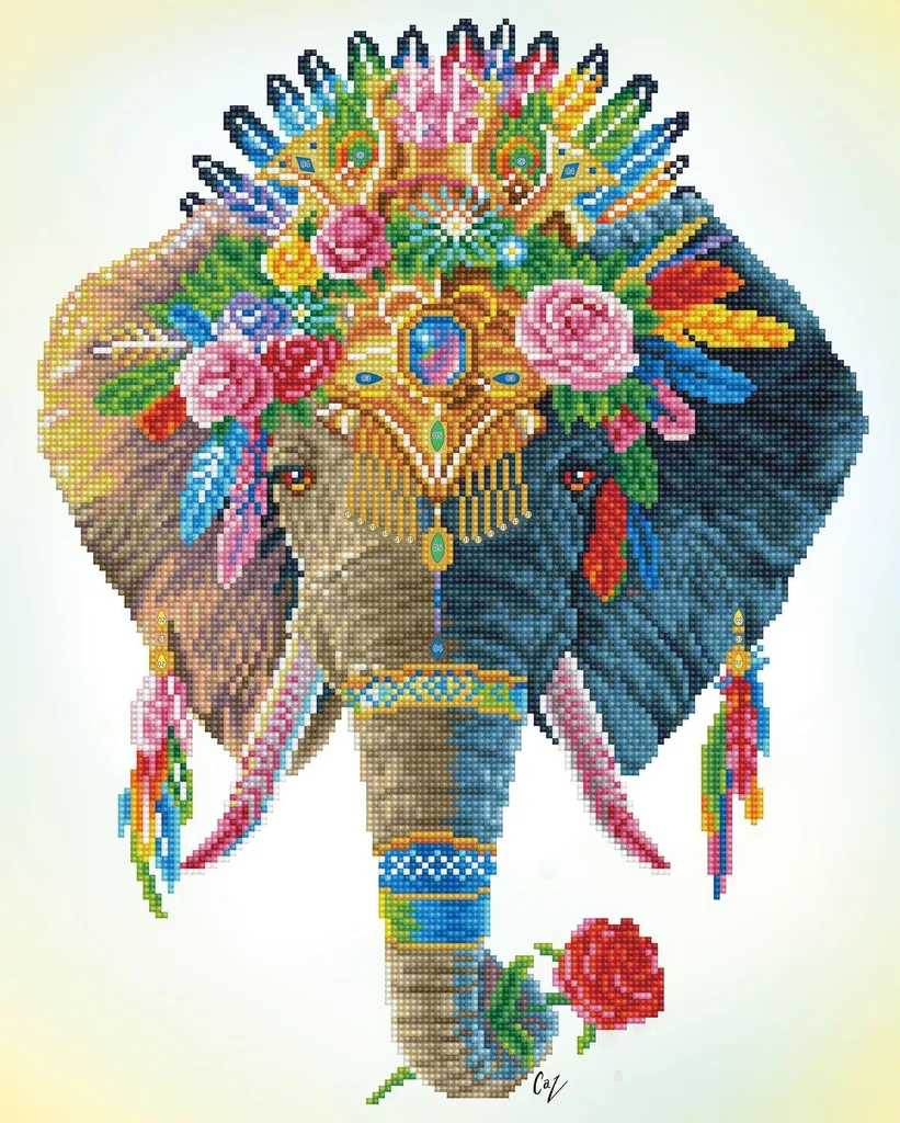 Broderie Diamant Éléphant Bohème aux Facettes Étincelantes et Colorées