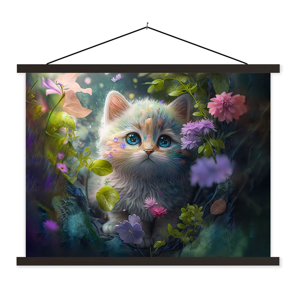 MuchoWow Textilposter Kätzchen - Blumen - Wald - Illustration - Katze 40x30 cm mit schwarzem Rahmen - Dekorationen