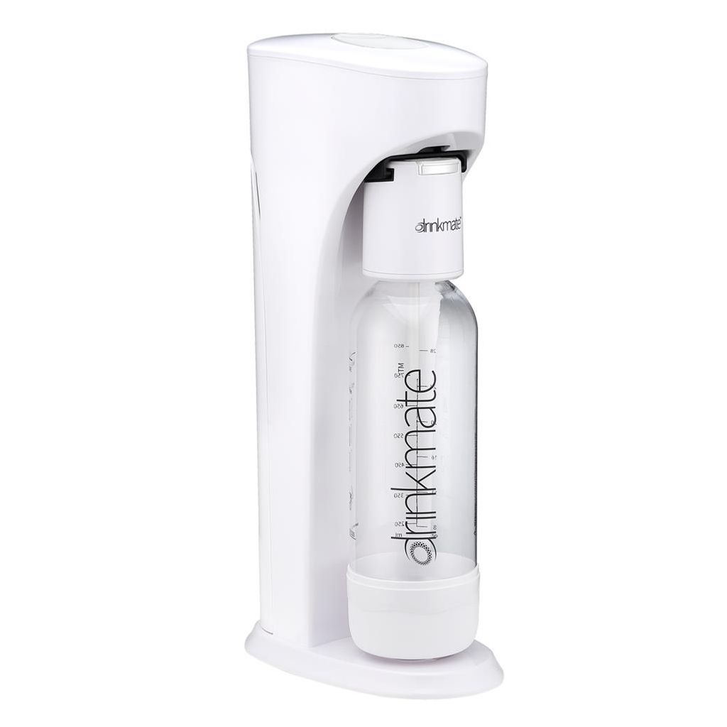 A white Drinkmate carbonated water maker with a clear bottle inserted.