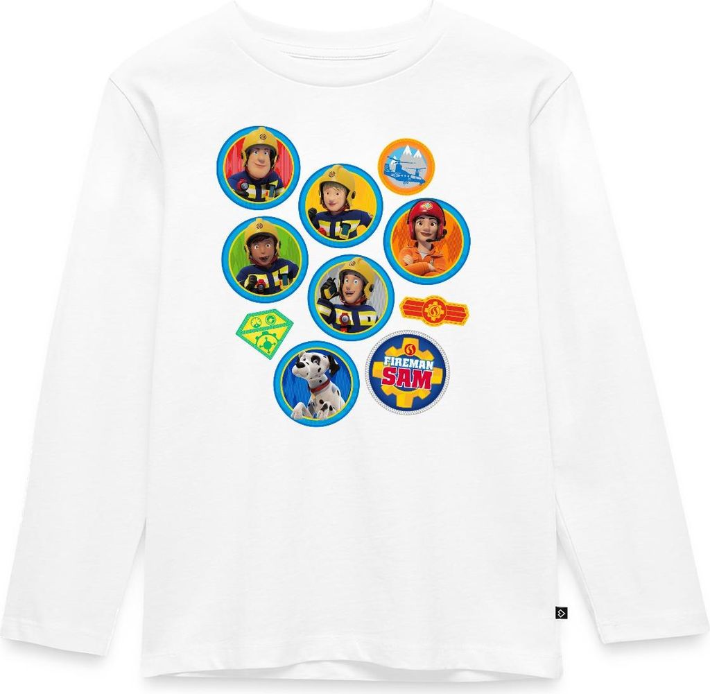 Spreadshirt Feuerwehrmann Sam Patch-Design Vom Ganzen Team Kinder Premium Langarmshirt, 98/104 (2 Jahre), Weiß