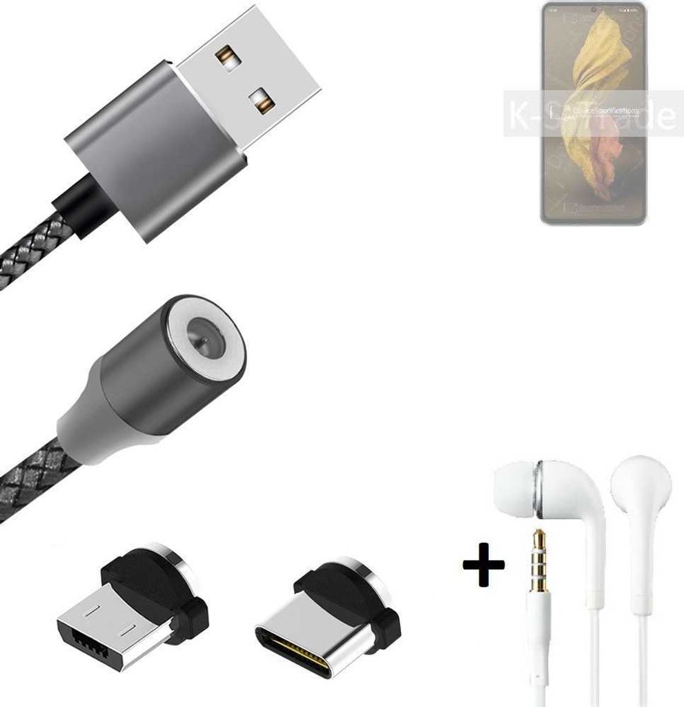K-S-Trade Hochwertiges Magnet-Lade-kabel Sync-Kabel Daten-Kabel + Kopfhörer kompatibel mit Sharp Aquos R7 mit USB-Typ-C-Anschluss und
