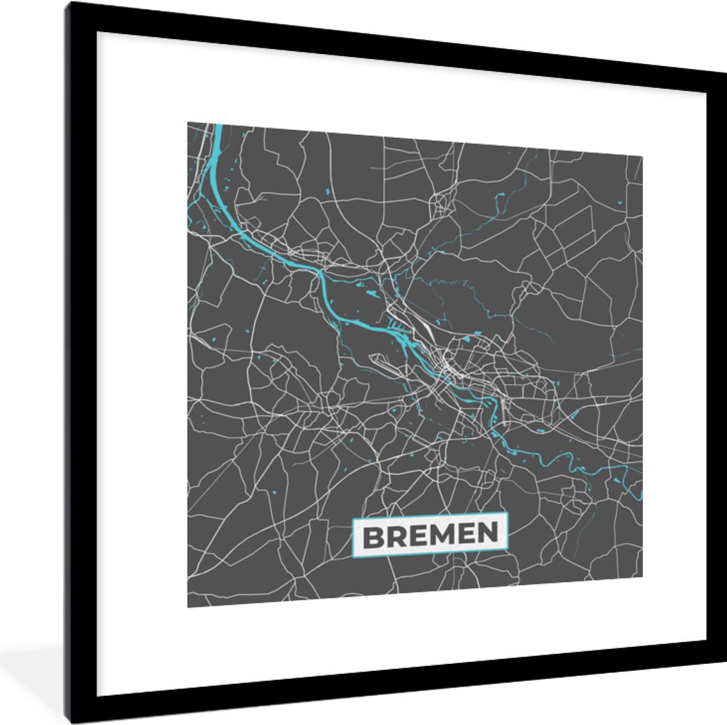 MuchoWow Gerahmtes Poster Deutschland - Blau - Bremen - Stadtplan - Karte 40x40 cm - Poster mit Schwarzem Bilderrahmen Wandposter Rahmen Foto Bil...