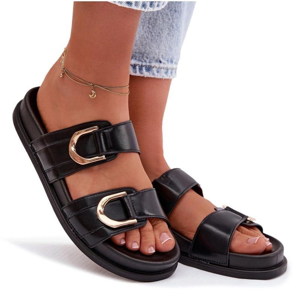 Eko Leder Damen Flache Schwarze Pantoletten Mit Riemen Rosinessa 40