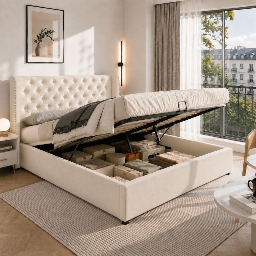 Letto imbottito 140x200 cm con spazio contenitore a Immagine del prodotto  Immagine generata dall'IA