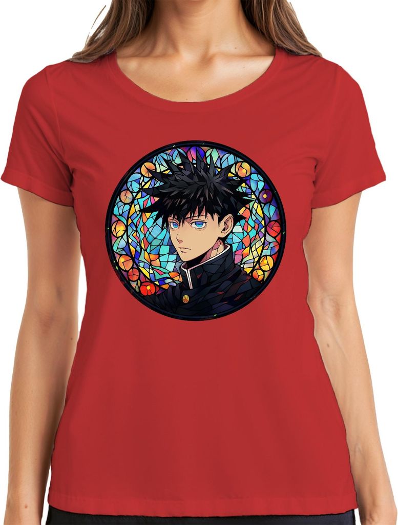 Anime Junge Blaue Augen Schwarze Haare Buntglas Fenster Mystisch Damen T-Shirt, Rot, XL