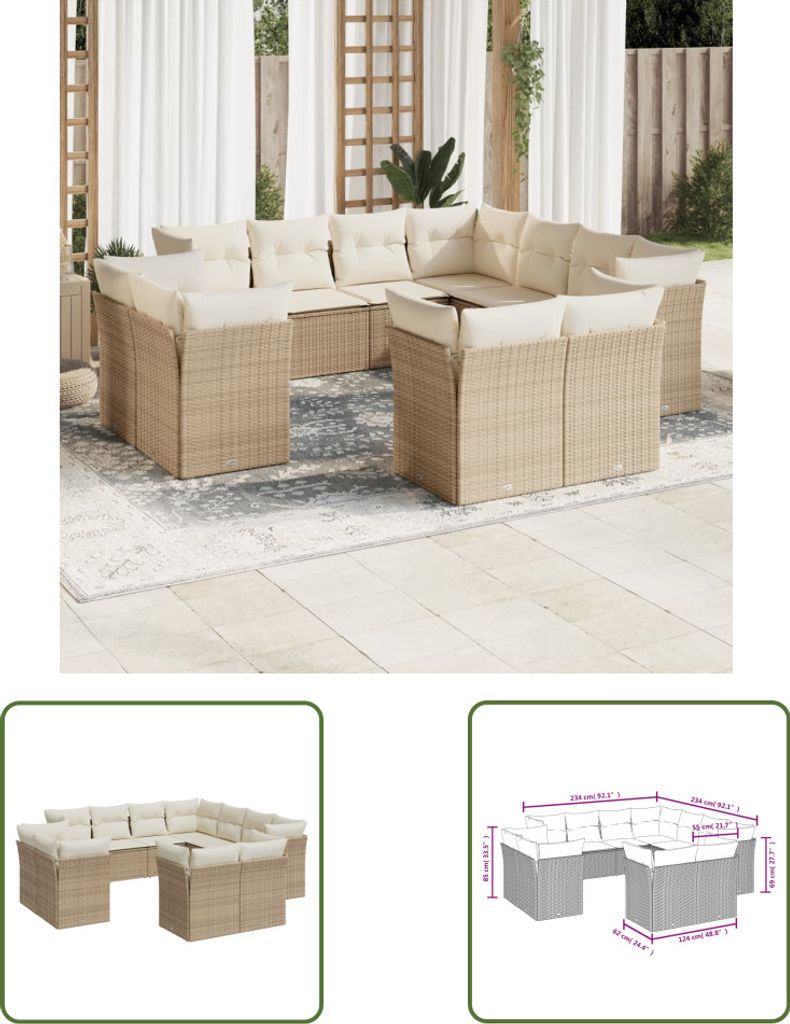 The Living Store 11-tlg. Garten-Sofagarnitur mit Kissen Beige Poly Rattan