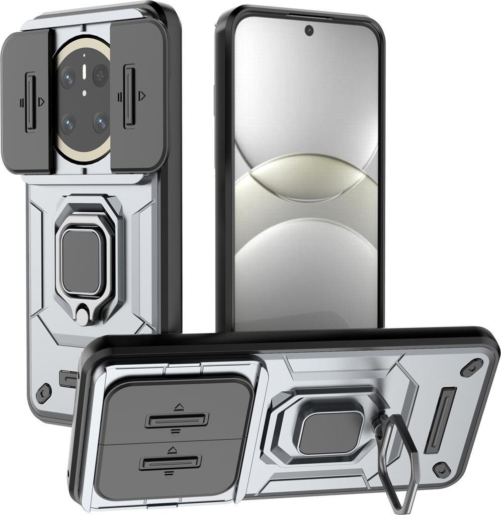 Hülle für Huawei Mate 70 Dual Layer Handyhülle Schiebe Kamera Schutz und Ringhalter Ständer Grau
