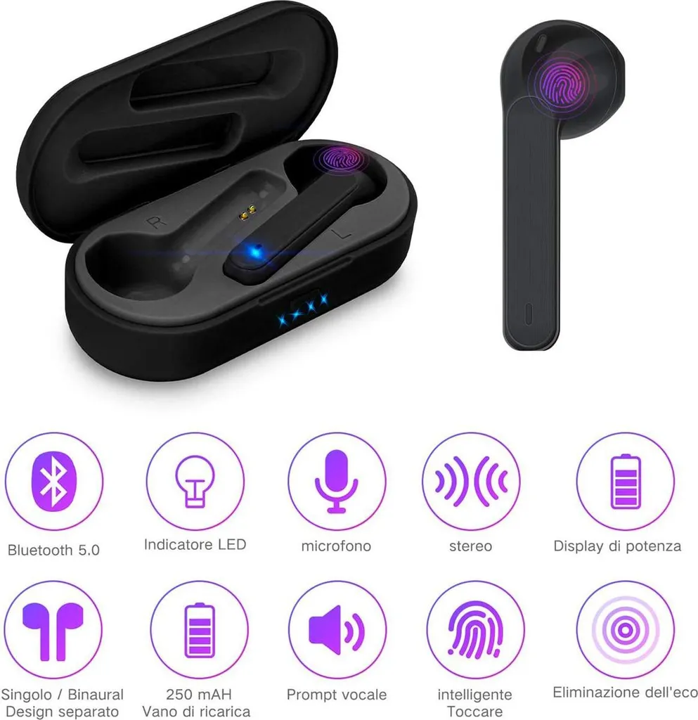 Cuffie Bluetooth Senza Fili Nere - Display LED e Touch Control - 3