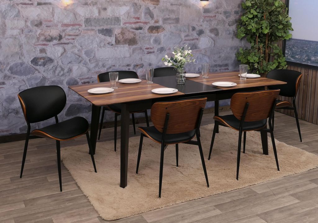 6er-Set Esszimmerstuhl MCW-O45, Stuhl, Bugholz Kunstleder 280g/m² MVG Walnuss-Optik, schwarz