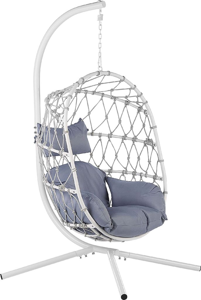 BELIANI Hängesessel Weiß Flechtseil mit Gestell aus Stahl inkl. Kissen Grau Boho Stil Outdoor Indoor Garten Terrasse Balkon Außenbereich