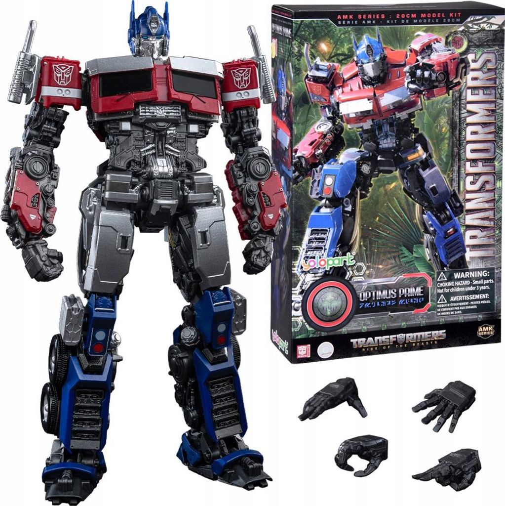 A product shot of a Transformers Optimus Prime model kit and its packaging, along with several interchangeable hands.