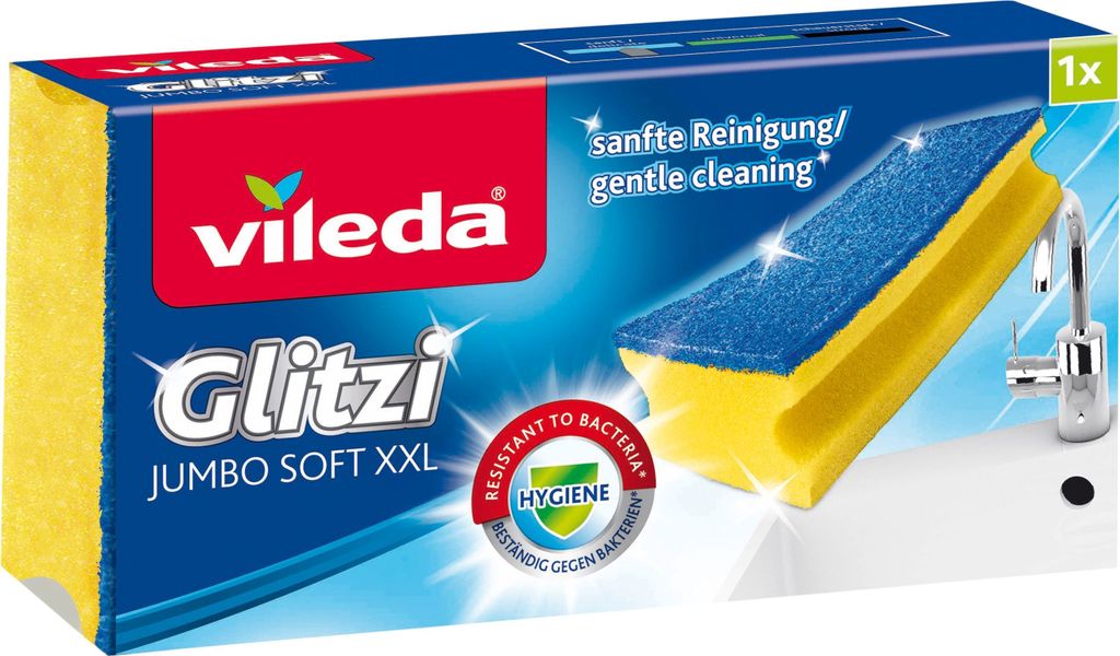 The image shows the packaging of Vileda Glitzi Jumbo Soft XXL sponges, with a product image and marketing text.