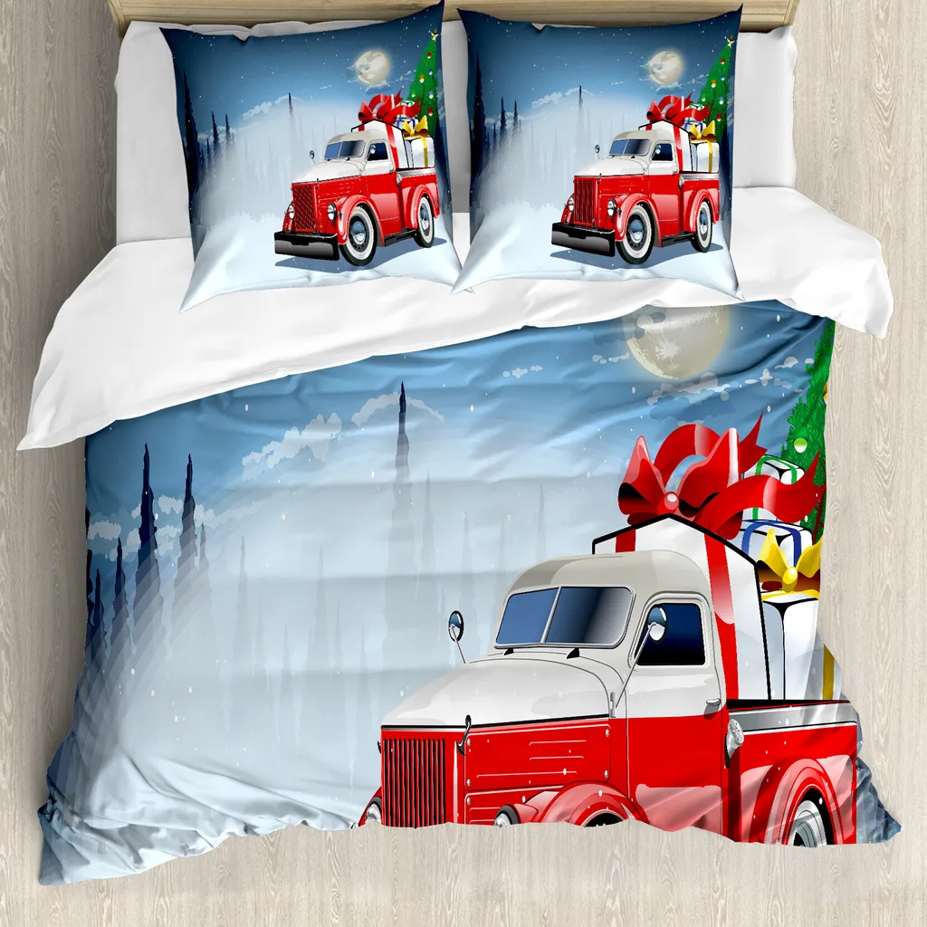 ABAKUHAUS Copripiumino natalizio, American Truck Regali, Antiacaro Adatto a chi soffre di allergie con federe, 155 cm x 220 cm - 80 x 80 cm, Blu, Rosso, Bianco