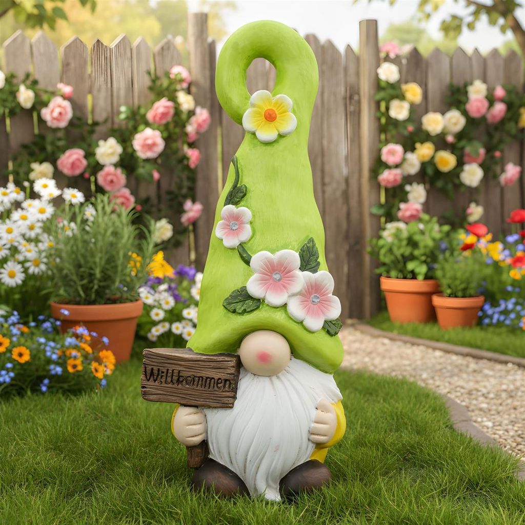 Solar LED Wichtel "Willkommen" Gartenzwerg 41 cm hoch, Outdoor Gartendeko, Gartenfigur wetterfest, Deko-Figur für Draußen, Balkon & Terrasse