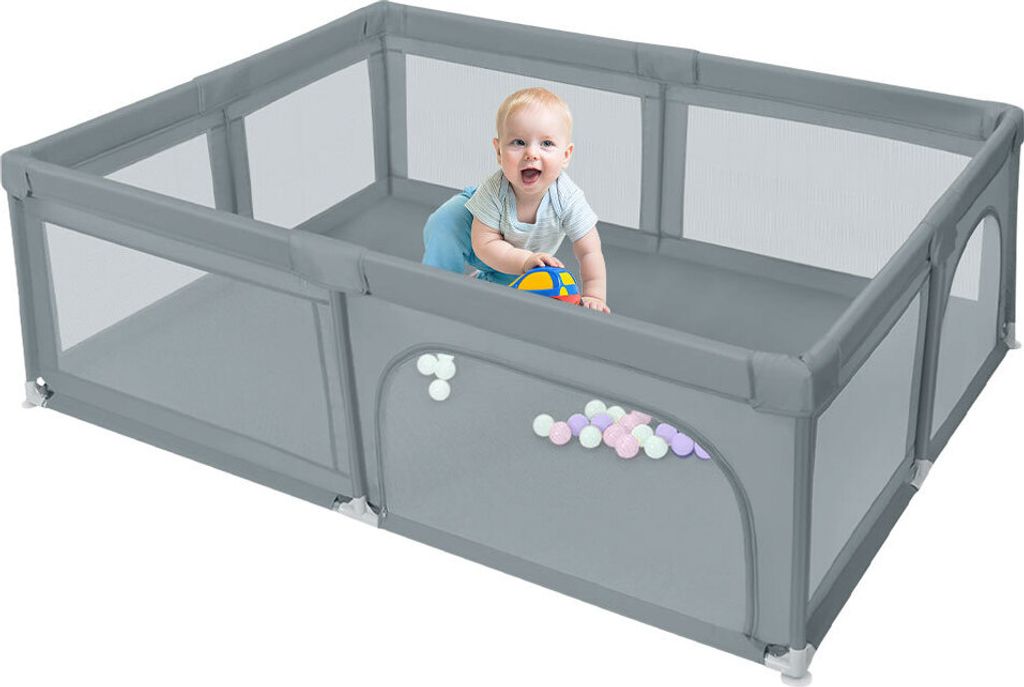 Baby Laufgitter Faltbar,Rutschfester Absperrgitter mit Atmungsaktive Netz,Große Sicherheitsspielplatz 205x147x66cm Dunkelgrau