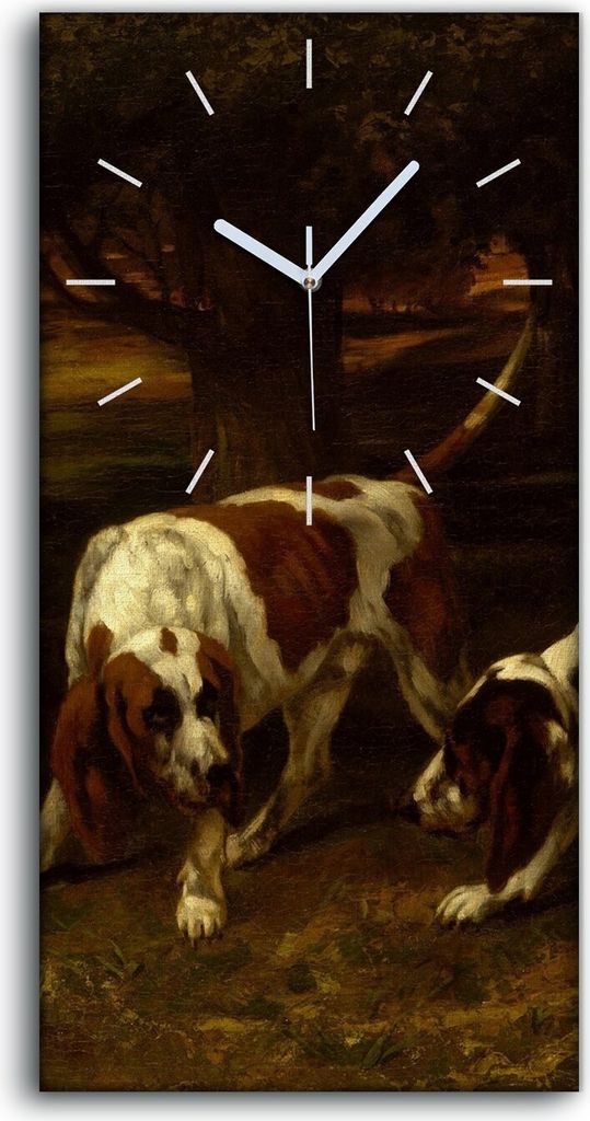 Wandkunst Leinwand Bild Uhr 30x60 Malerei Wald Bäume Tiere Hunde Kaninchen - weiße Hände