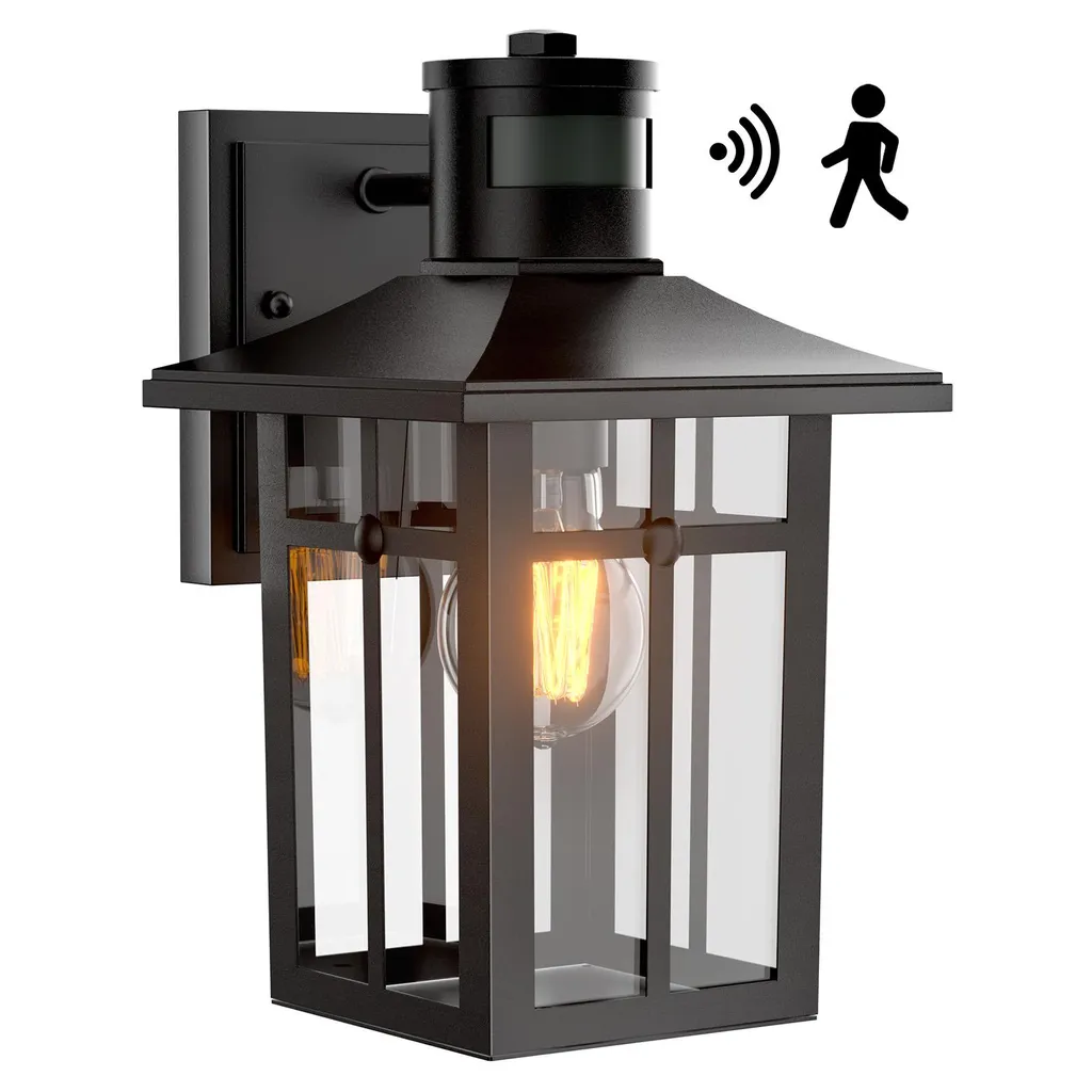 S'AFIELINA lampada da esterno con rilevatore di movimento, IP44, lampada da parete E27 per terrazza, parete di casa, luce esterna nera, 1 pezzo