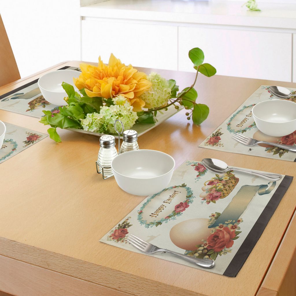 ABAKUHAUS Ostern Platzmatten, Romantischer Blumen-gefüllter Korb mit Eiern Weinlese-Entwurfs-Inspirations Muster, Tiscjdeco aus Farbfesten Stoff f...