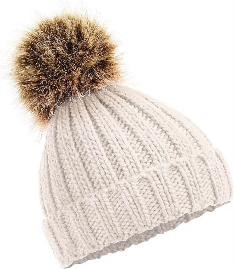 Baby Wintermütze Kleinkind Mädchen Strickmütze Bommelmütze Grobstrick Mütze mit Kunstfell Neverless beige unisize