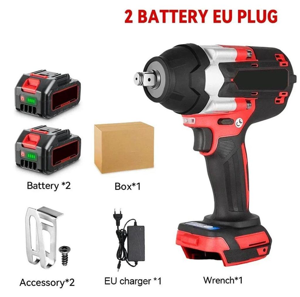 Schlagschrauber - Akku-Schlagschrauber - 1800 Nm - 1500 W - Bürstenloser Motor - 12,7 mm Vierkantantrieb - LED-Arbeitslicht - 2x Akkus, EU-Stecker