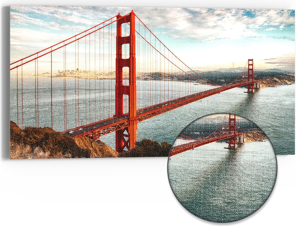 DEQORI Hybrid Leinwand Bild 60x30 cm 'Golden Gate Bridge' Wandbild Glas flach modern