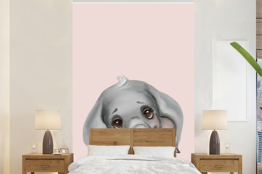 MuchoWow Fototapete für Wohnzimmer oder Schlafzimmer Wandtapete Vinyl Motivtapete Elefant - Kind - Rosa - 180x280 cm - Wallpaper