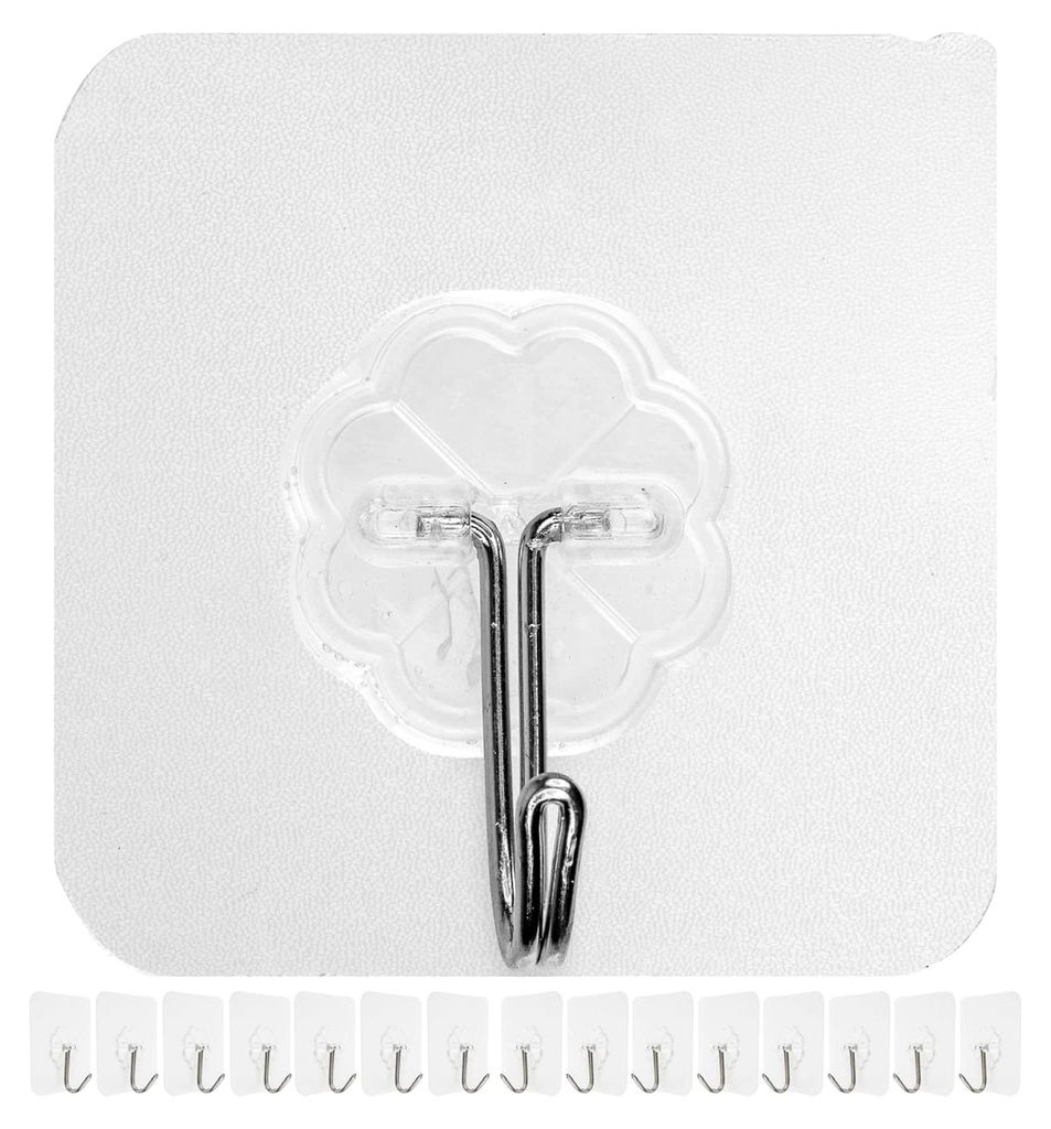 Transparente Klebehaken, 16 Stück, 6 x 6 cm Klebefläche, universelle Metallhaken für Bad, Küche, Garage, Wand- und Türhaken, Mehrzweckhaken, s...