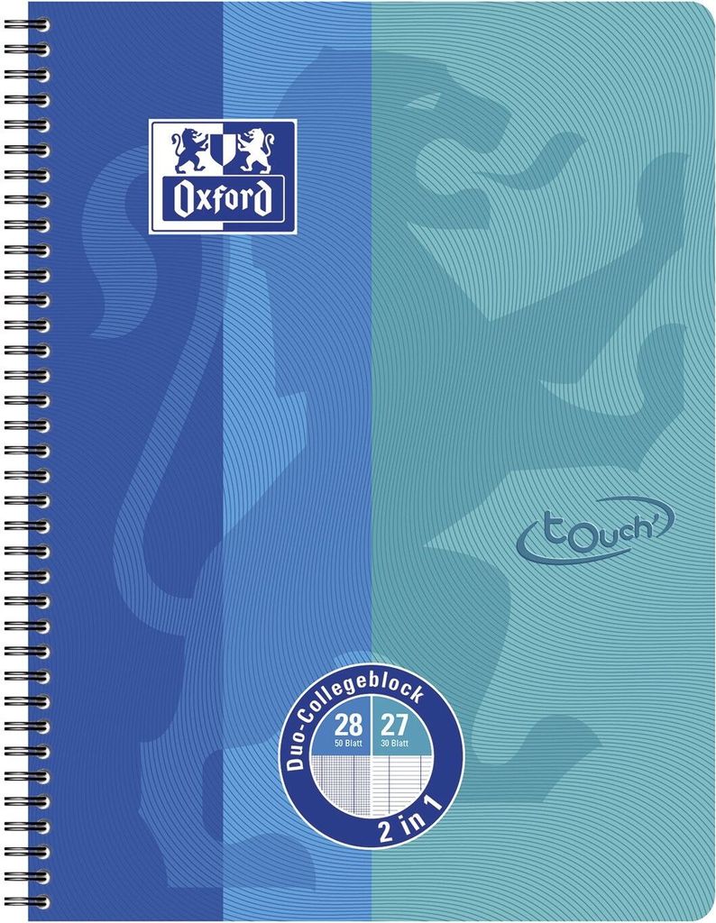 Oxford Collegeblock DUO Touch A4+ 80 Blatt meerblau/aqua kariert/liniert