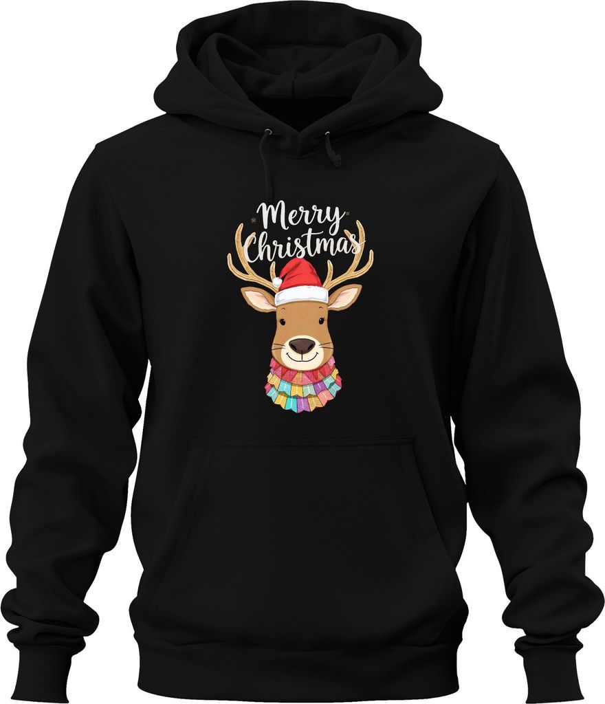 Merry Christmas Weihnachten Rentier Nikolausmütze niedlich bunt Uni Hoodie Kapuzenpullover, Schwarz, S