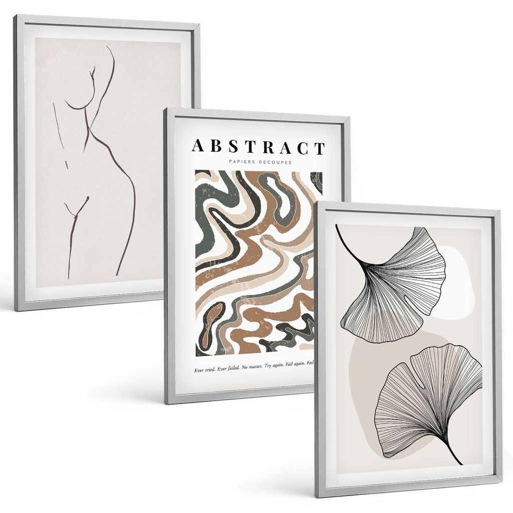 Bilder Set 3-teilig im silbergerahmten Rahmen – Wandbilder 3 Stück – gerahmte Poster für Wohnzimmer, Schlafzimmer und Flur – 40x60 cm – A...