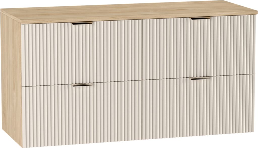 A front view of a white and wood cabinet with gold handles.