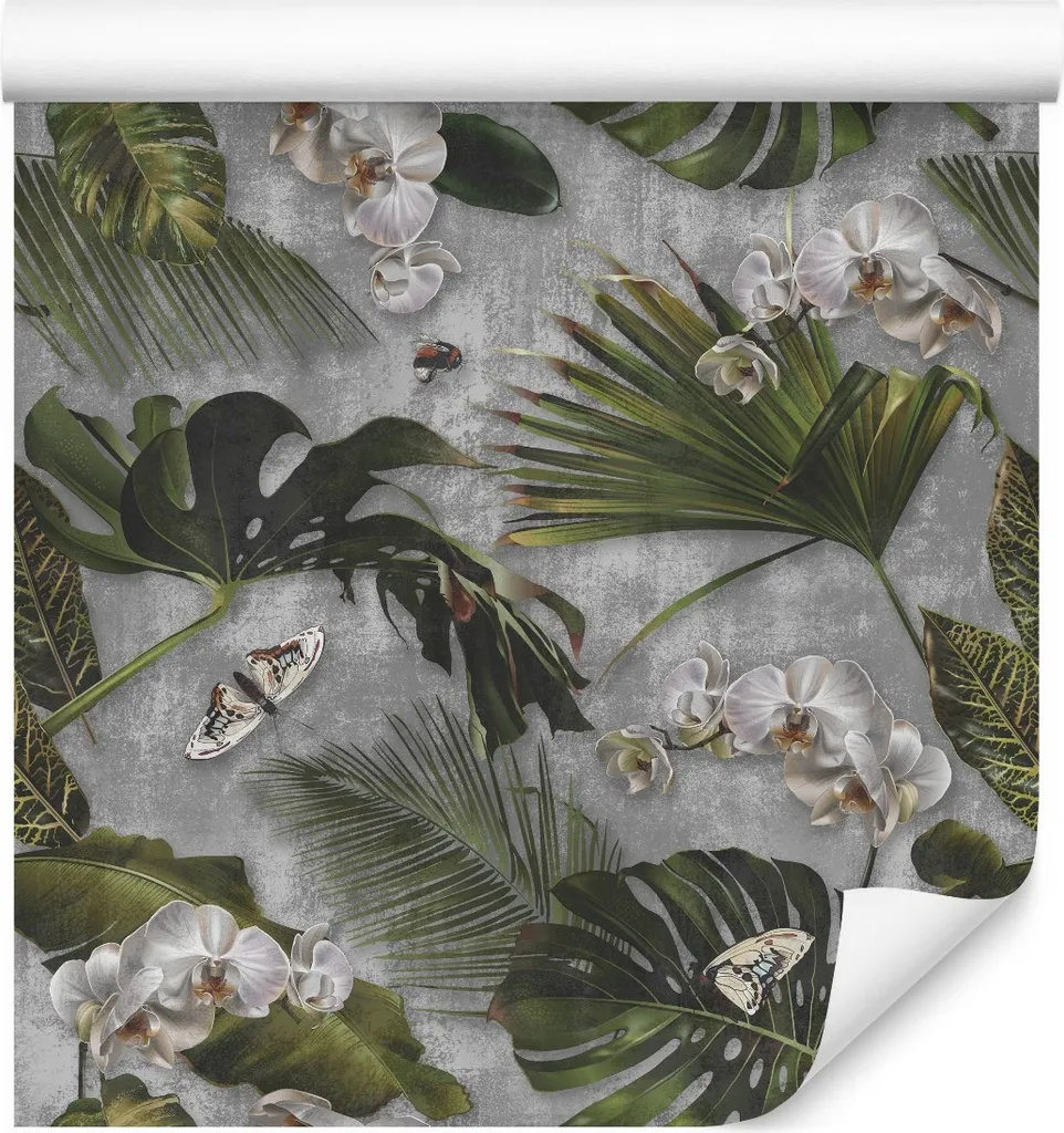 Papier Peint Intissé 10m Orchidée Fleurs et Papillons Effet Béton 6544