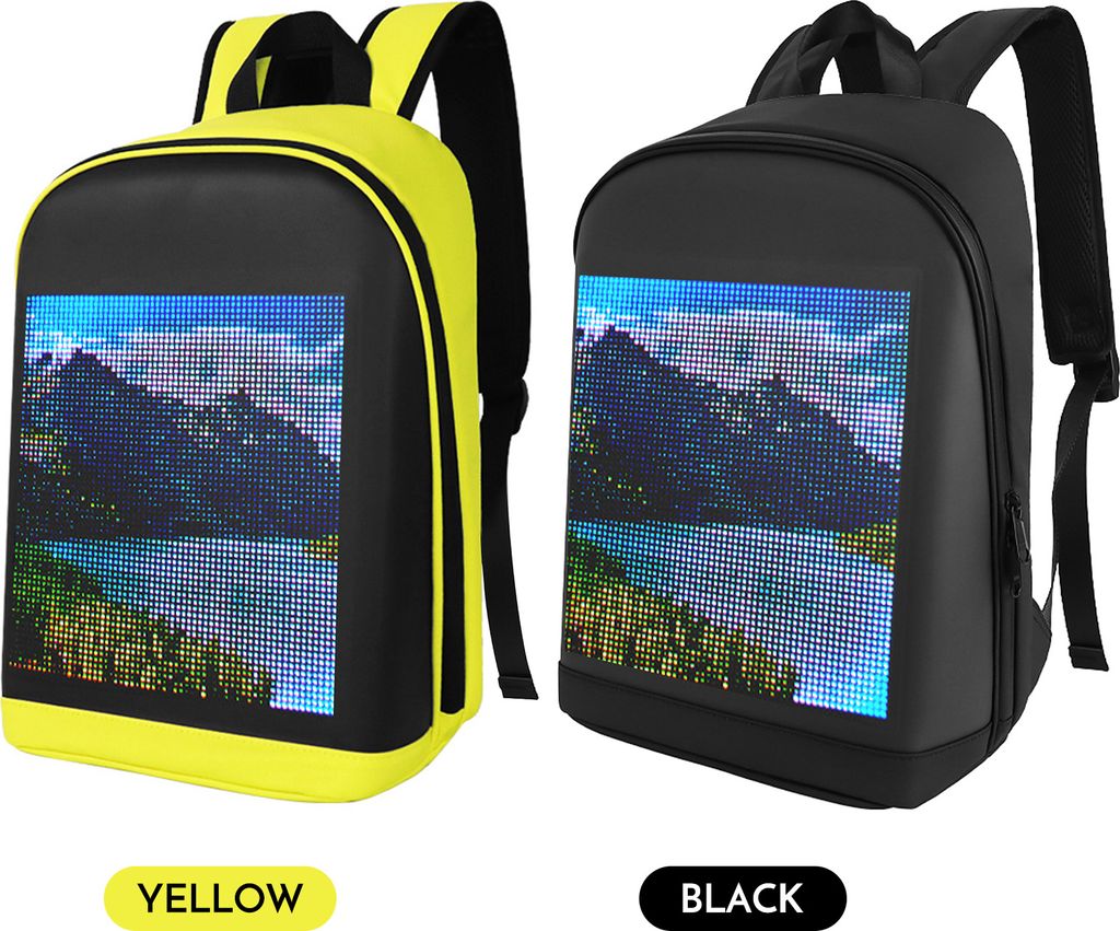 Two backpacks, one yellow and one black, are displayed side-by-side against a white background. Both backpacks feature a digital LED screen displaying a landscape image.