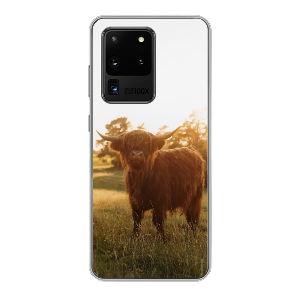 MuchoWow Handyhülle Schutzhülle Hülle für Samsung Galaxy S20 Ultra Schottischer Hochländer - Gras - Sonne Silikon Softcase Handy Hülle - Ka...