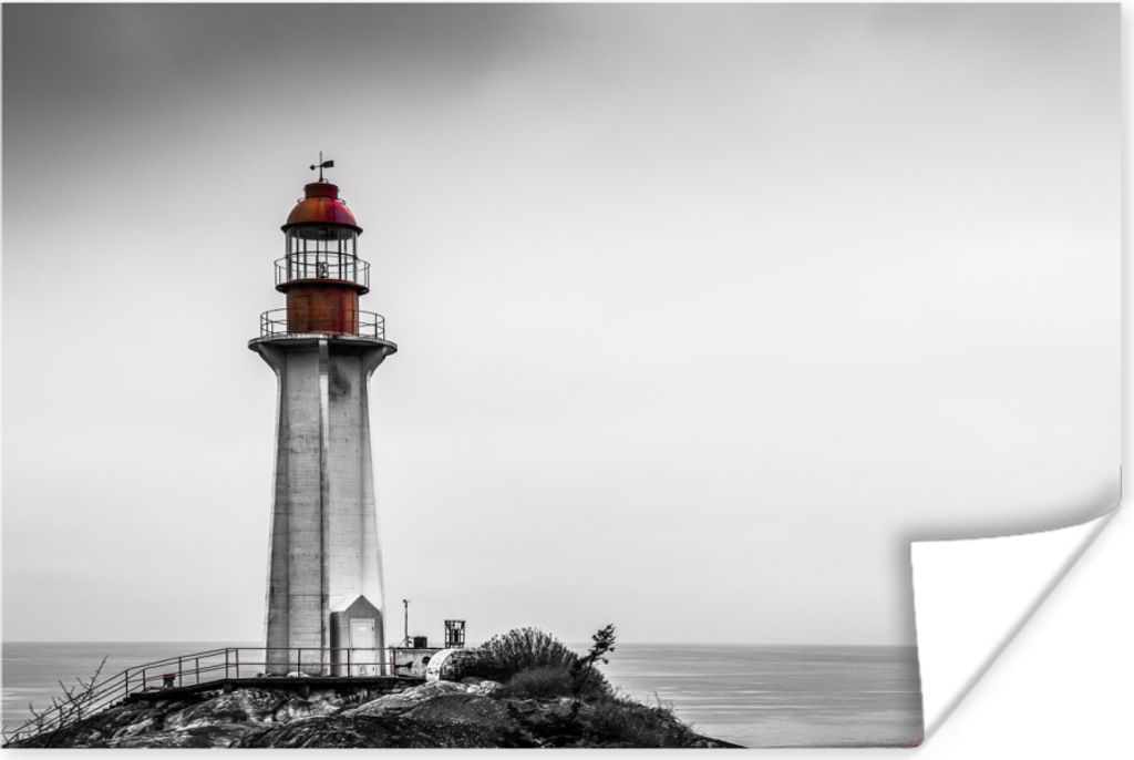 MuchoWow Poster Schwarz-Weiß-Foto eines Leuchtturms im Westen von Vancouver 120x80 cm - Bilder