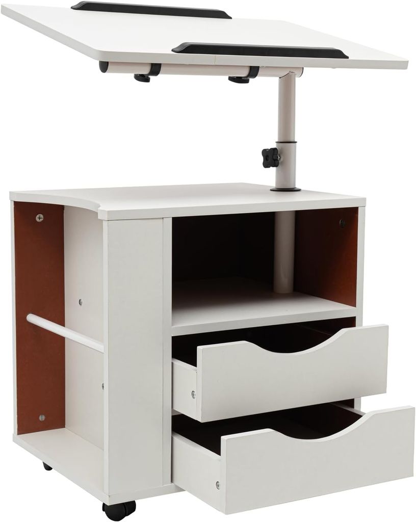 A white multifunctional bookshelf/nightstand with a liftable top and two drawers, shown against a white background.