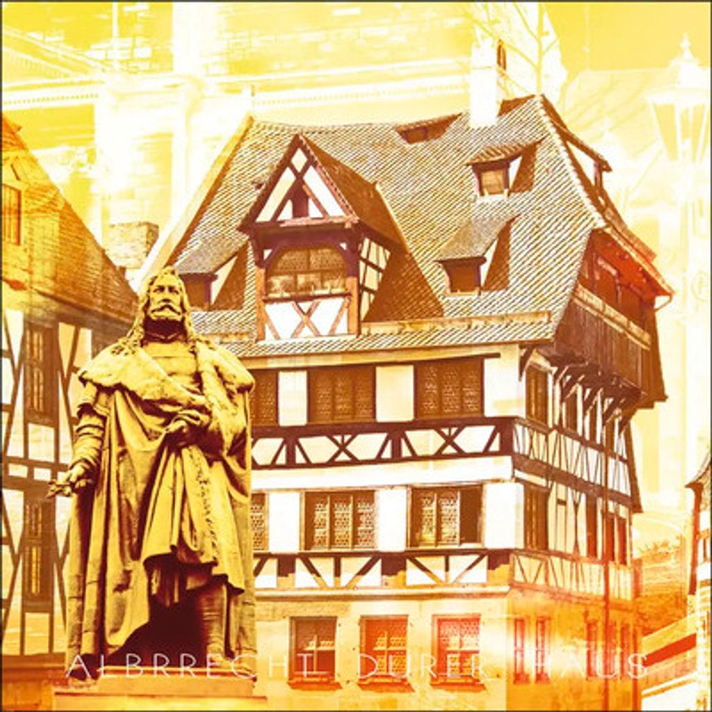 Glasbild Nürnberg Albrecht Dürer Haus gelb 30x30 cm