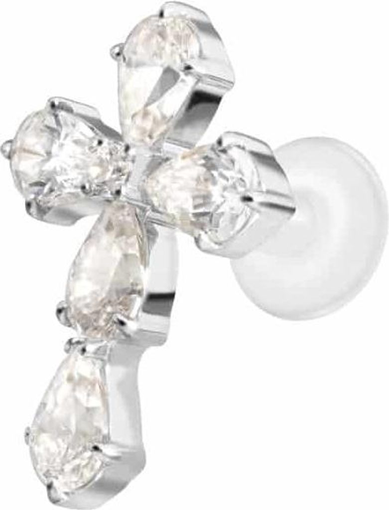 Ohrpiercing, Nasenpiercing PTFE Labret mit Innengewinde + Titan-Aufsatz KRISTALLKREUZ Silber Stablänge: 6mm | Stabstärke: 1,6mm