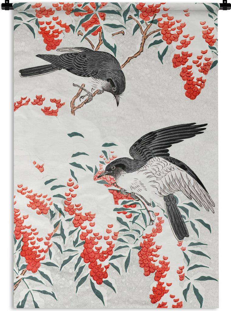 MuchoWow Wandteppich Wandbehang Vögel - Beere - Rot - Japandi 120x180 cm Tapisserie Dekoration Wandtuch - Schlafzimmer - Dekorationen für das Haus