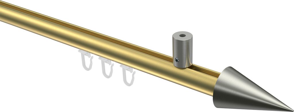 Interdeco Innenlaufstange / Gardinenstange mit Innenlauf Messing-Optik / Edelstahl-Optik, Typ Sonius Savio (Kegel) Deckenmontage, 20 mm Ø 1-läufi...