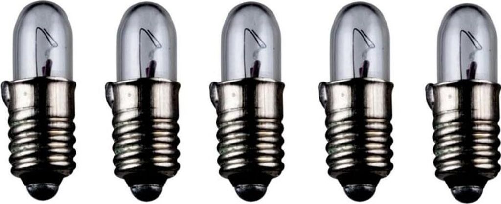Five small light bulbs with screw bases are lined up against a white background.