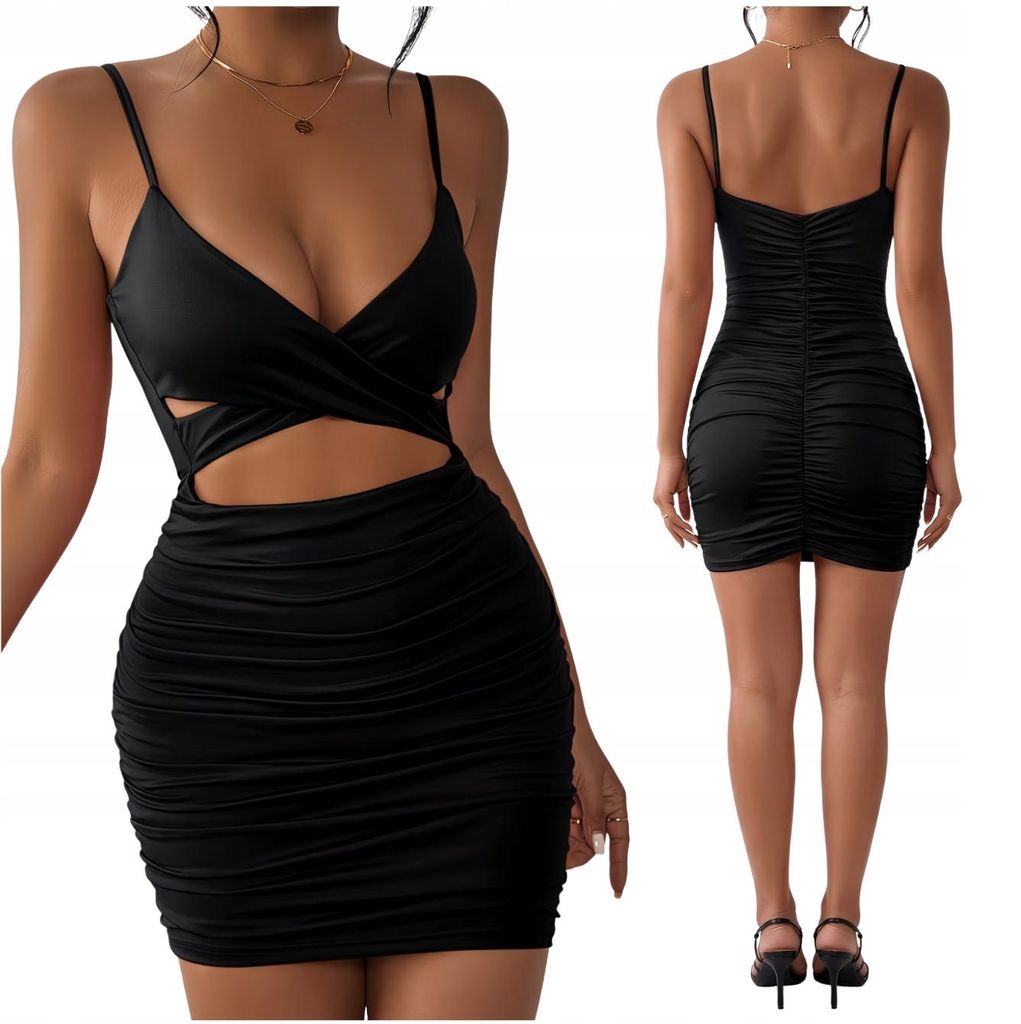Partykleid Damen Schwarz - Bodycon Minikleid - Gerafft - Cut-Out - Clubwear - L 40